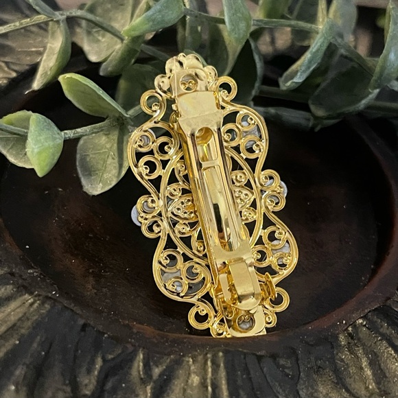 Teal Crystal gold tone style hair barrette clip approx 2.5” accessory - Picture 3 of 3